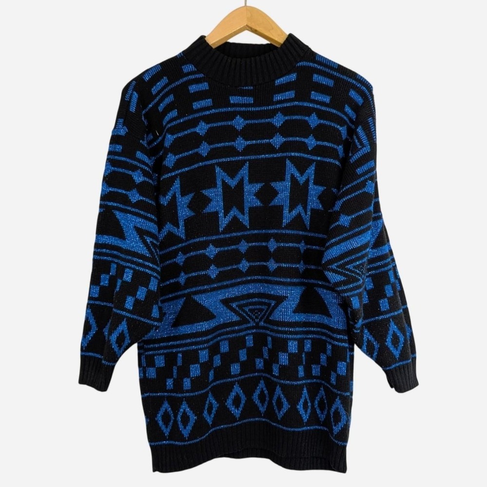 Vintage Ellen-D‎ Kollection Geometric Aztec Sweater Tunic Black Blue Medium